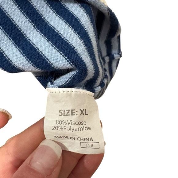 Classic Blue and Cream Striped Women's Short-Sleeve Sweater - Picture 4 of 6